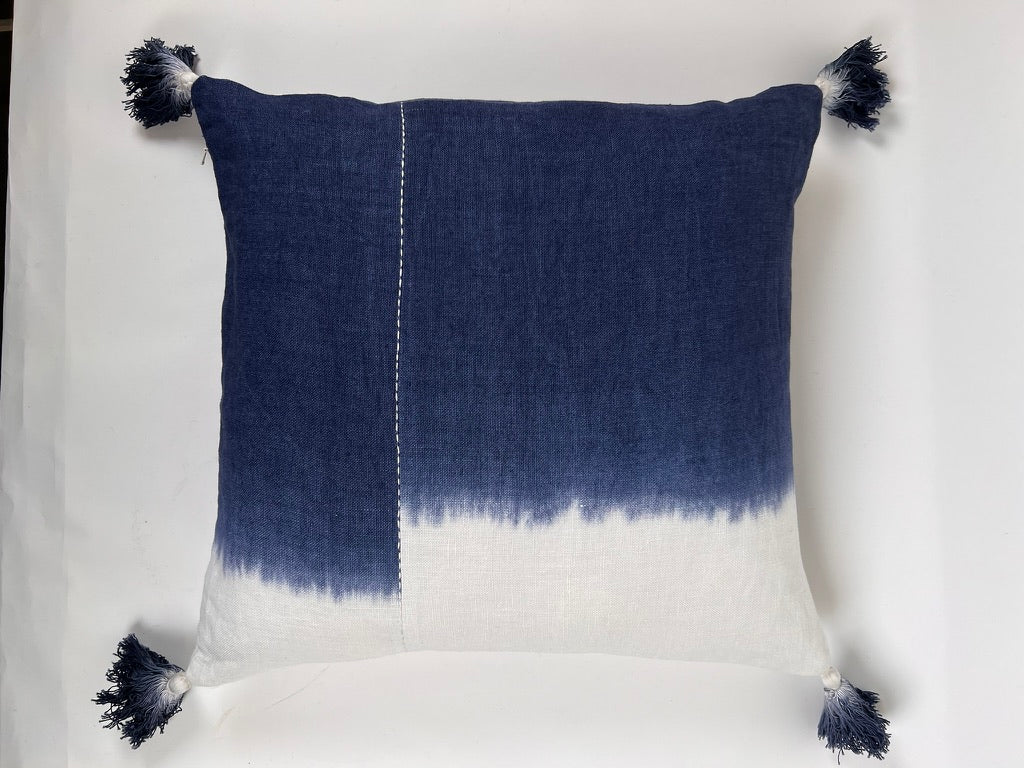 Navy and White Dip-Dye Linen Pillow with Tassels, 18" x 18"