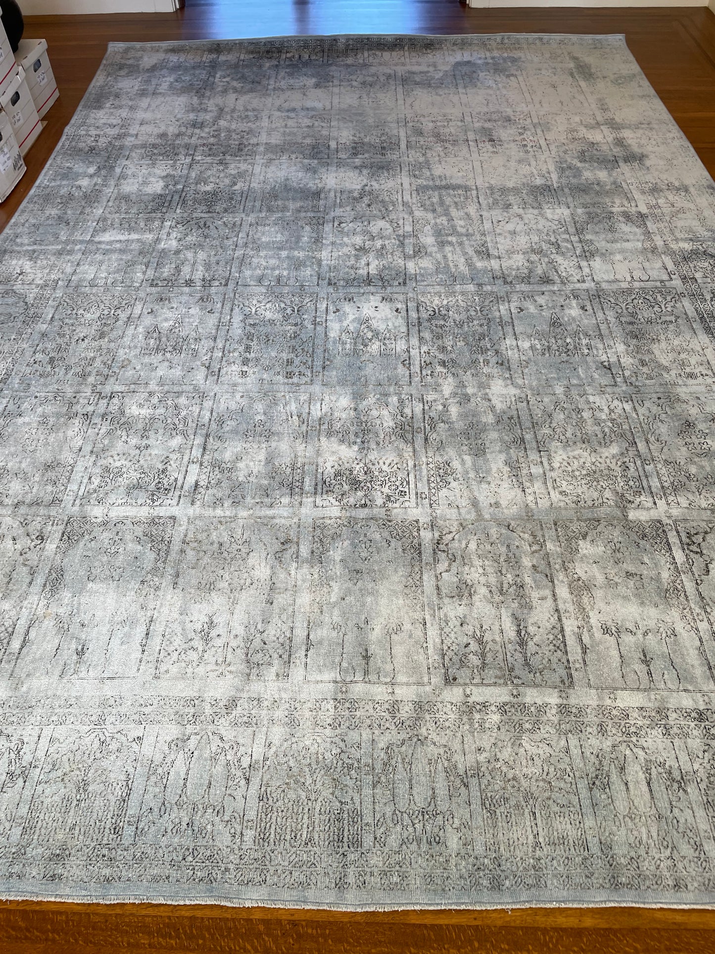 9'4" x 12'1" silk over dyed pale blue vintage rug