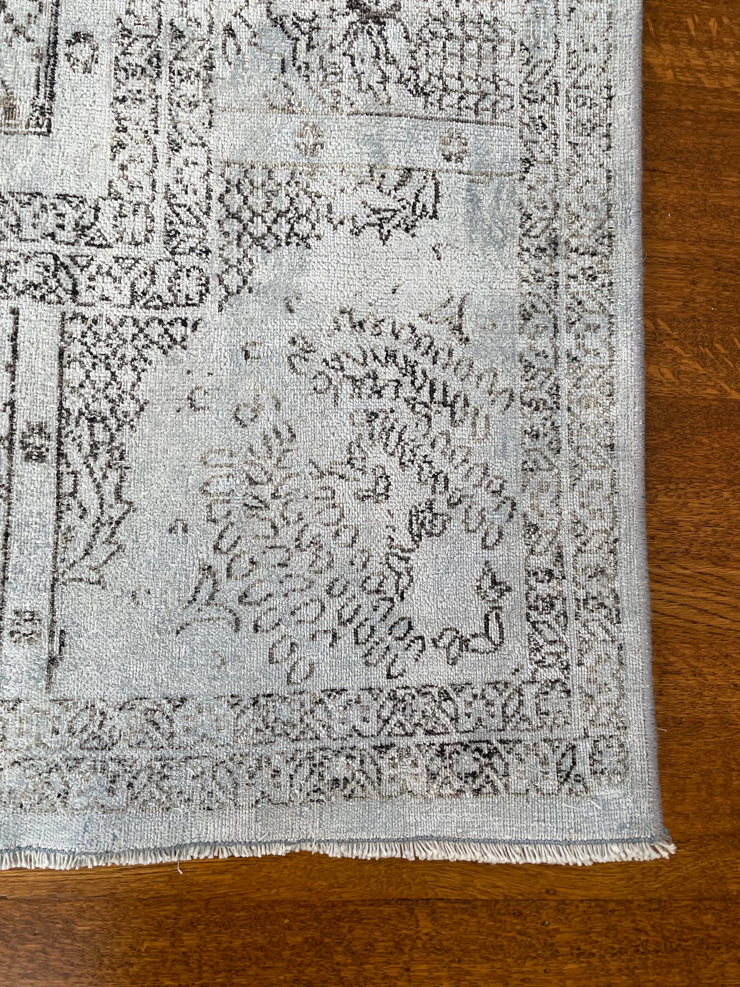 9'4" x 12'1" silk over dyed pale blue vintage rug