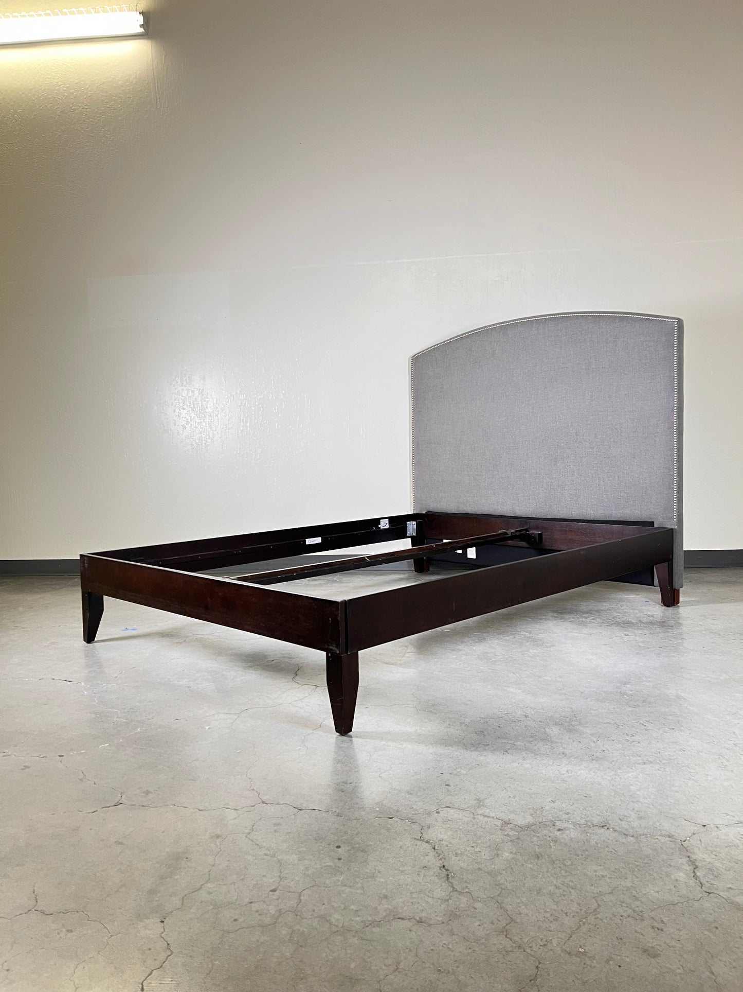 63w x 57h, curved gray headboard with nailhead trim