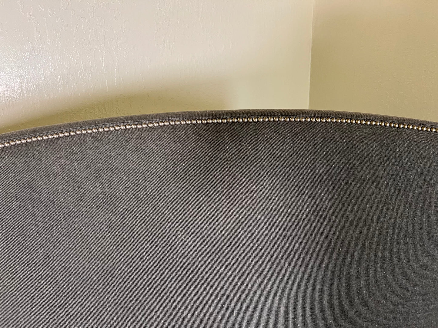 63w x 57h, curved gray headboard with nailhead trim