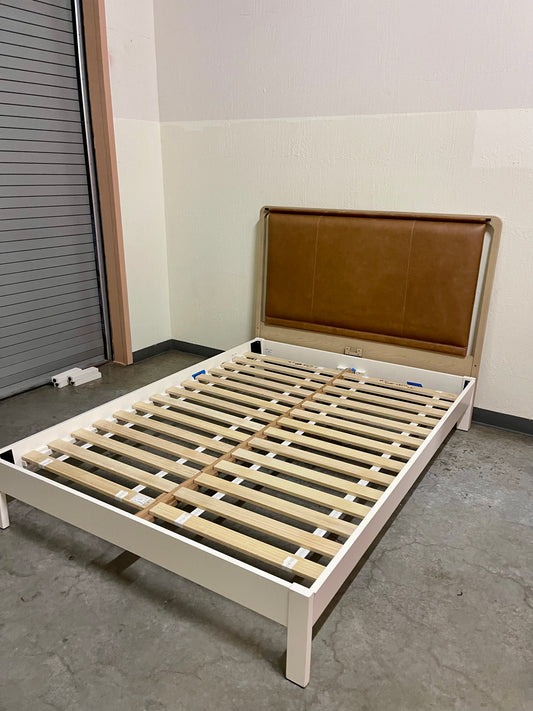 Queen headboard, leather and wood w/ white platform