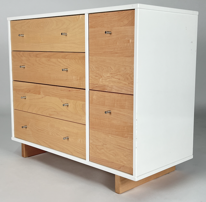 White cabinet with maple drawers