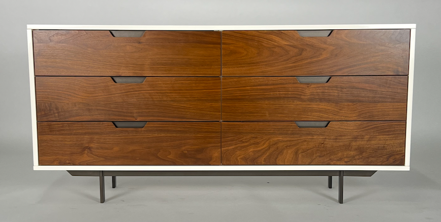 Dresser with gloss white cabinet and 6 walnut drawers