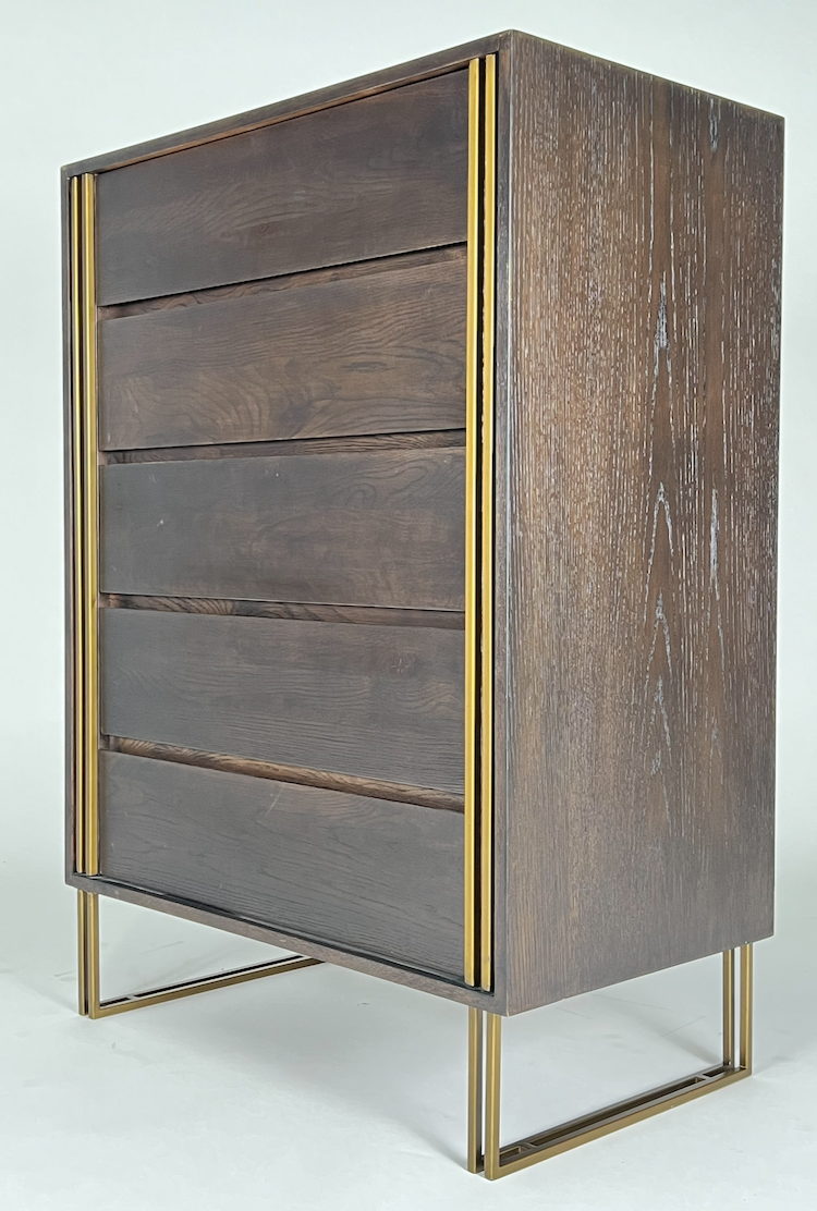 Rubbed black oak tall 5 drawer dresser with brass detailing