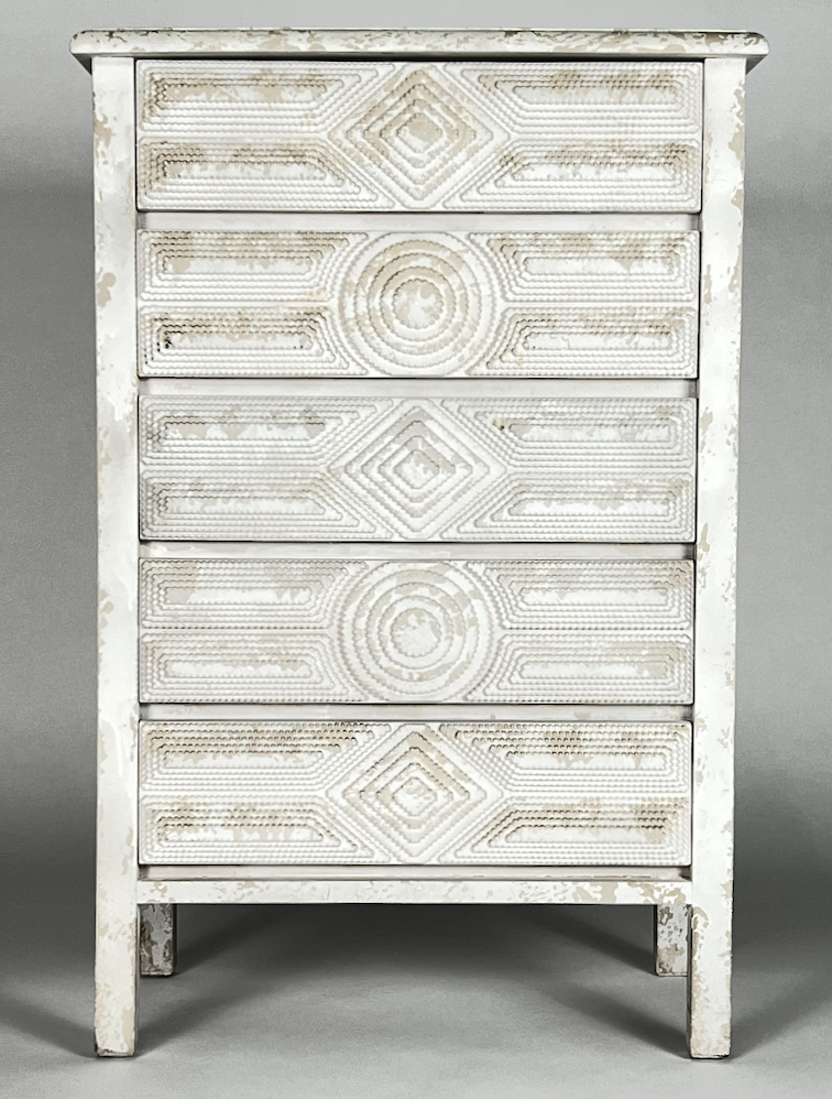 White tramp art inspired tall dresser with 5 drawer