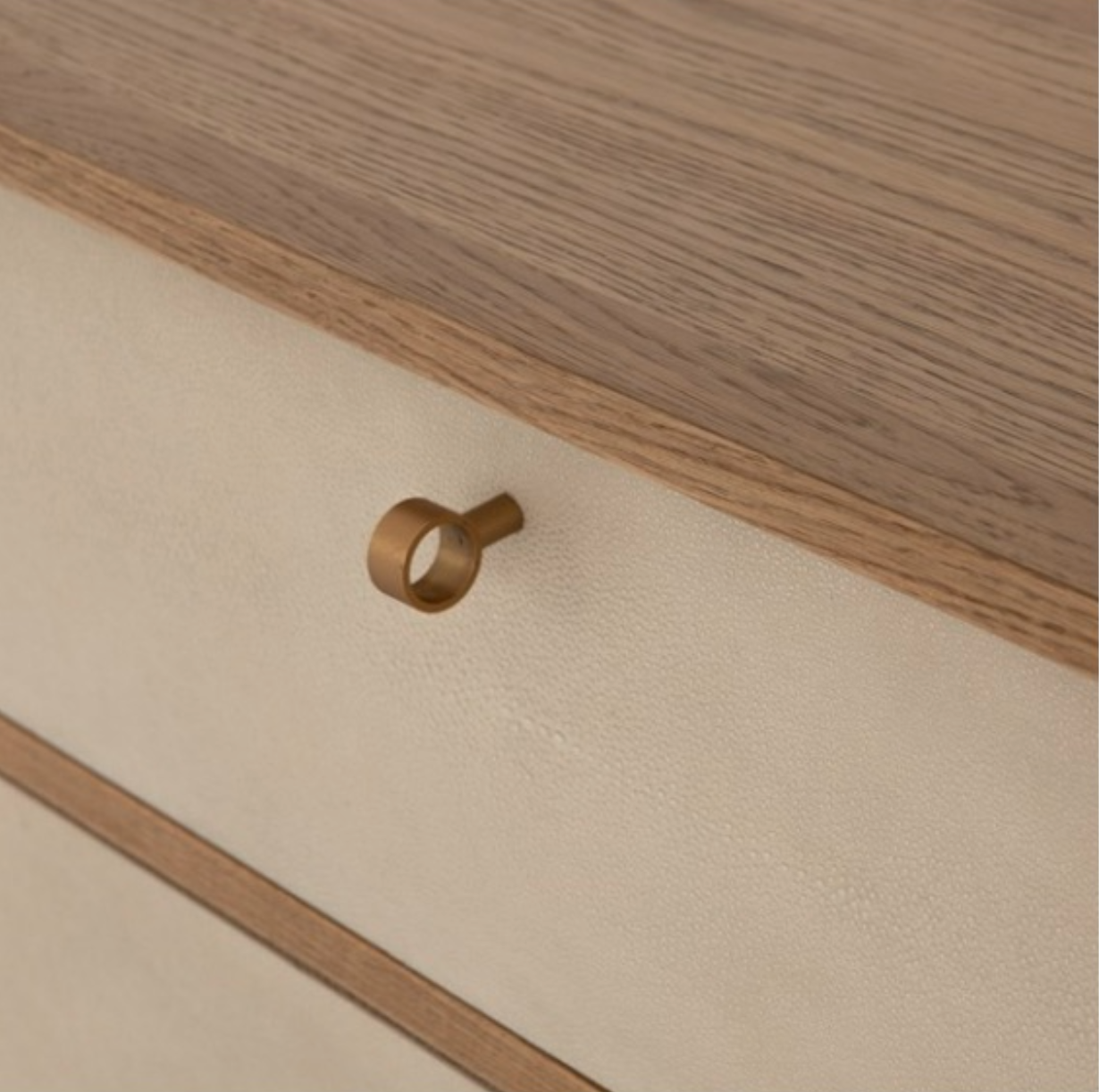 Toasted oak dresser with cream faux shagreen drawers, brass frame & hardware