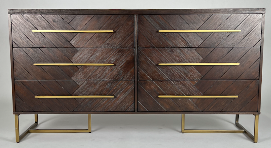 Dark herringbone wood dresser with brass base & hardware