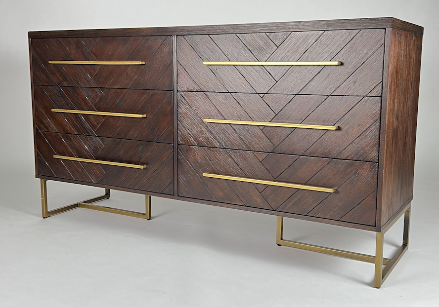 Dark herringbone wood dresser with brass base & hardware