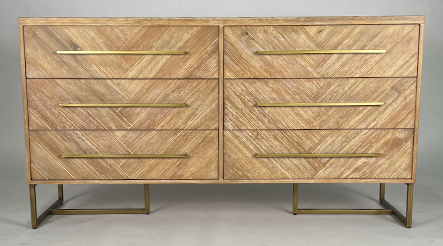 Light wood herringbone dresser with brass base & hardware