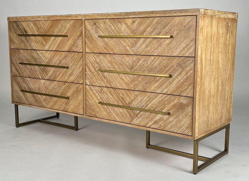 Light wood herringbone dresser with brass base & hardware