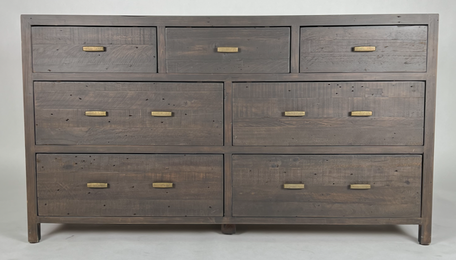 Dark distressed wood 7 drawer dresser with brass hardware