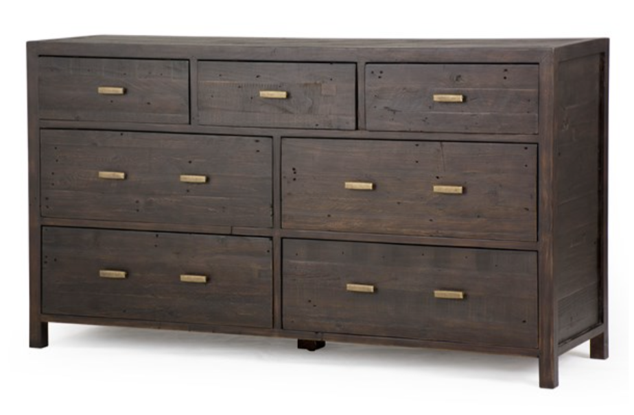 Dark distressed wood 7 drawer dresser with brass hardware