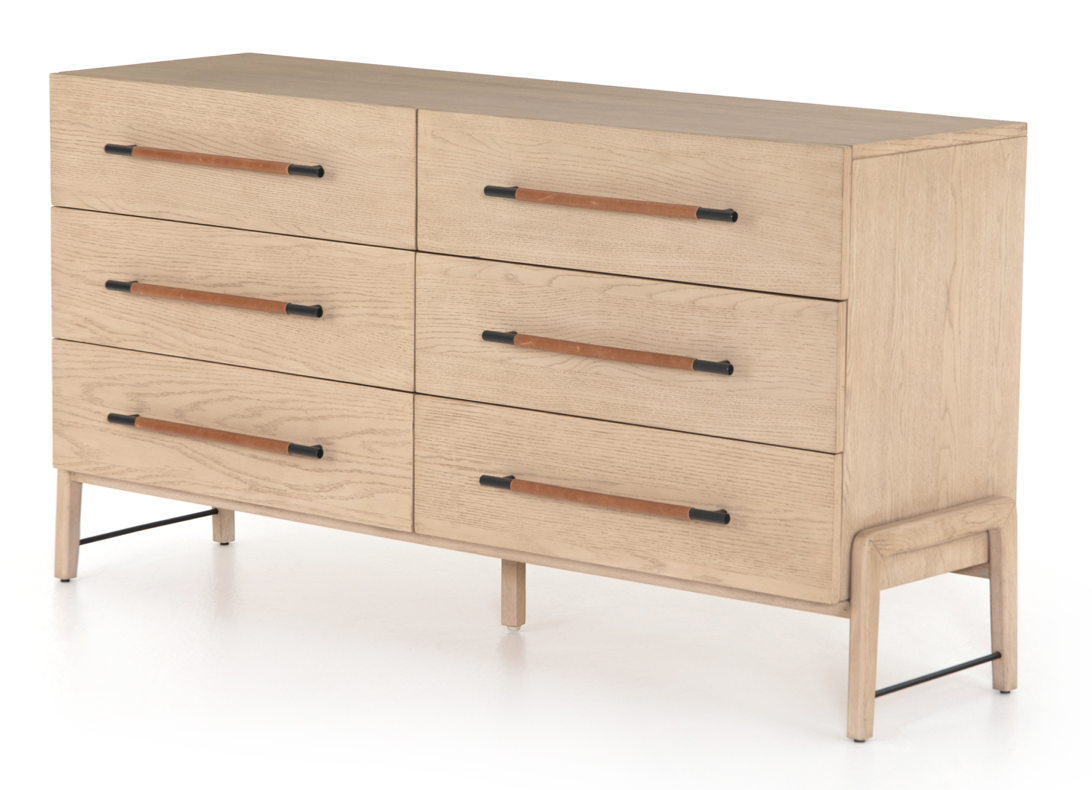 Light oak 6 drawer dresser with leather wrapped bar handles