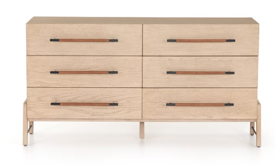 Light oak 6 drawer dresser with leather wrapped bar handles