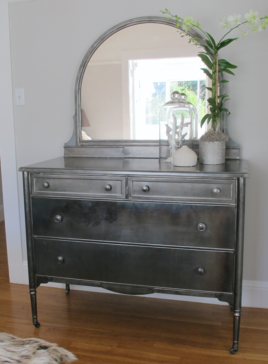 Vintage sandblasted metal dresser with detachable mirror