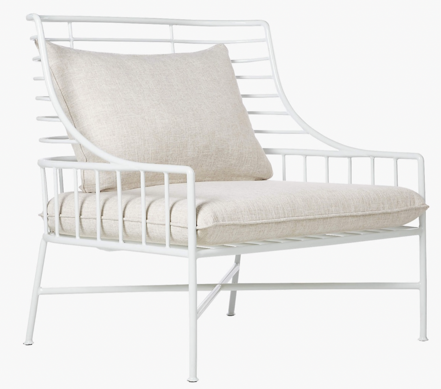 White metal outdoor chair with seat and back cushions