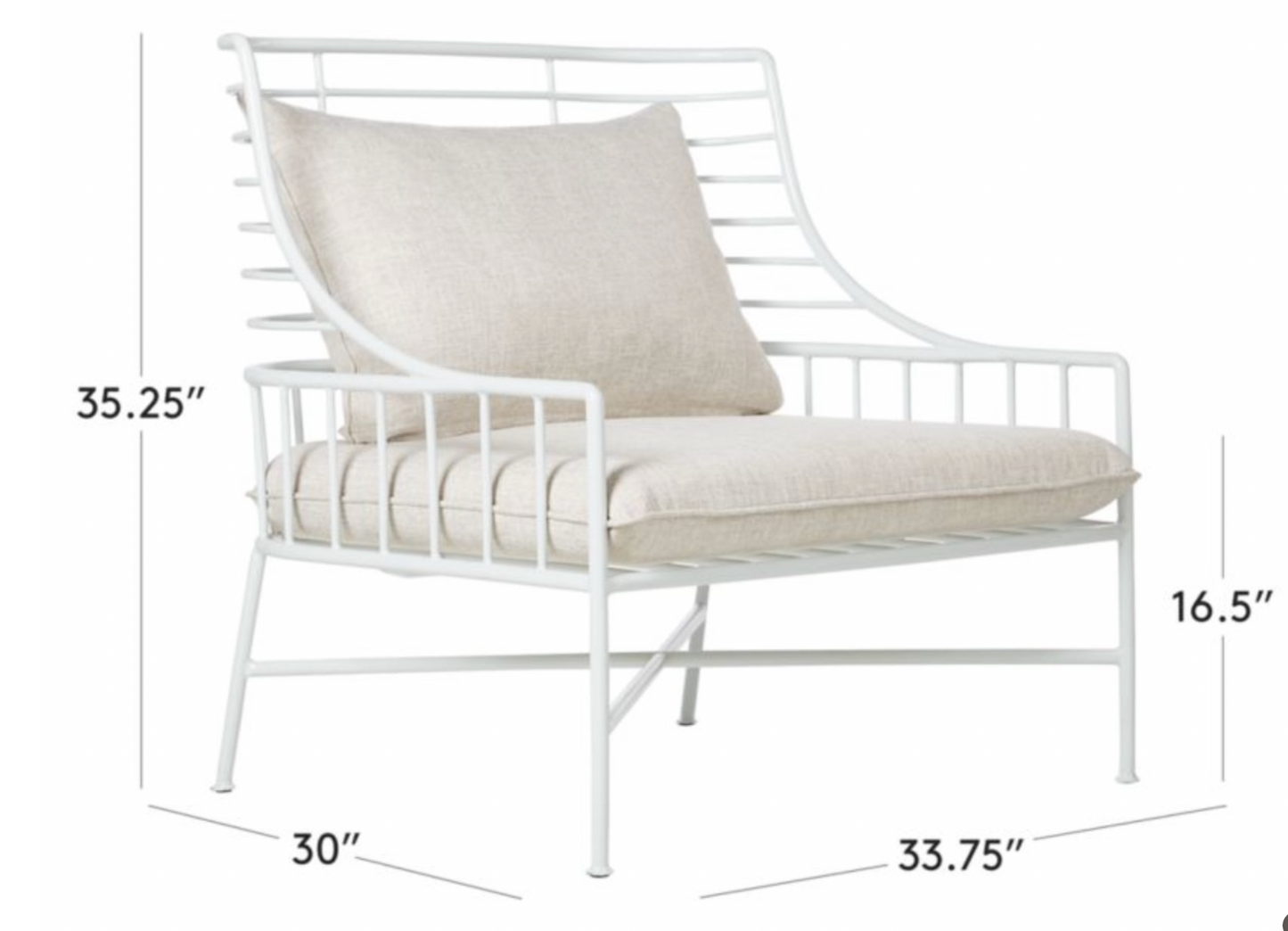 White metal outdoor chair with seat and back cushions