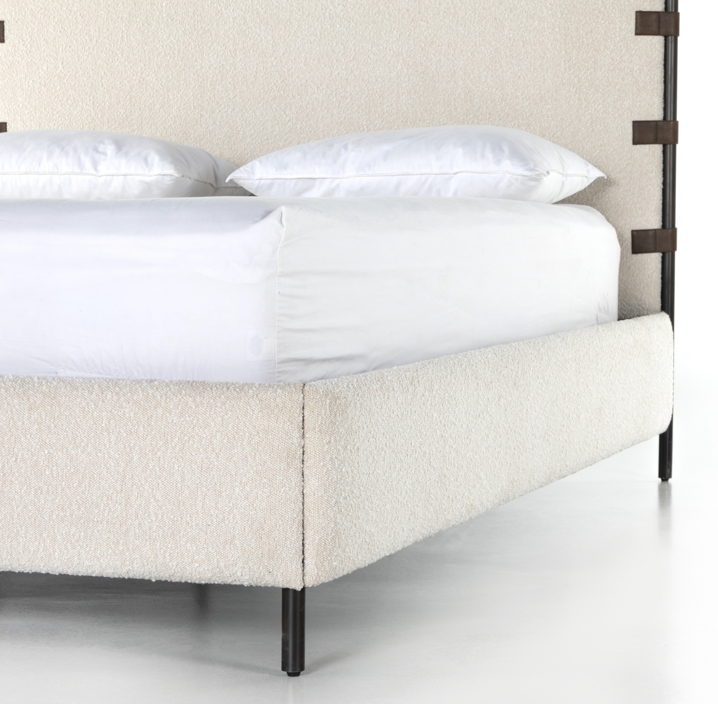 King bed frame, cream boucle with leather strap detailing