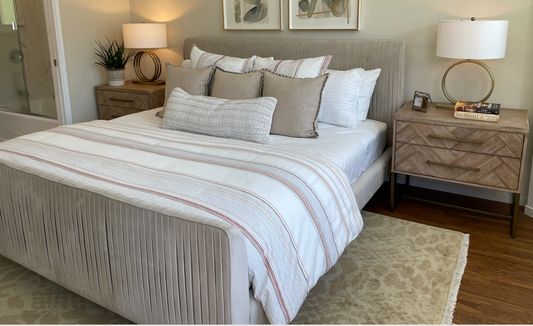 King bed frame, pleated tan velvet fabric