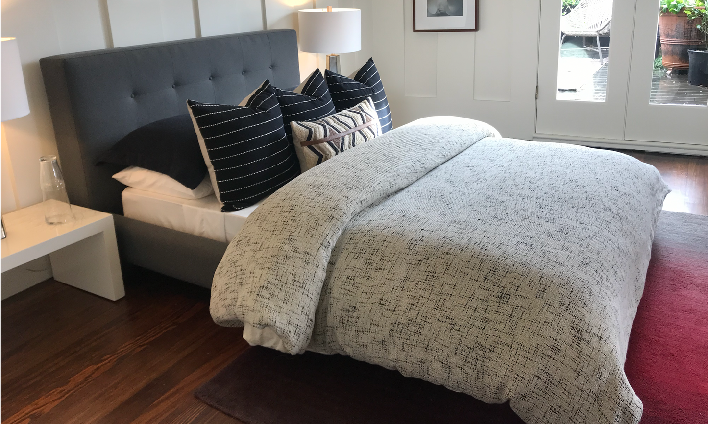 Dark gray full bed frame with tufted head board