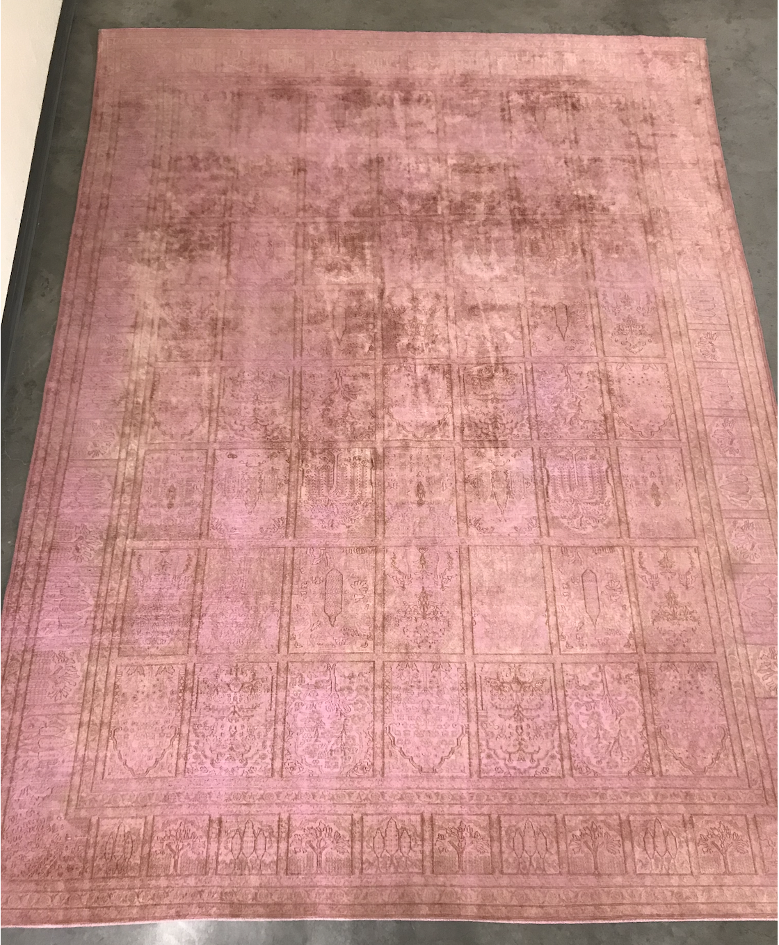 Vintage silk over dyed light pink rug w/ grid pattern