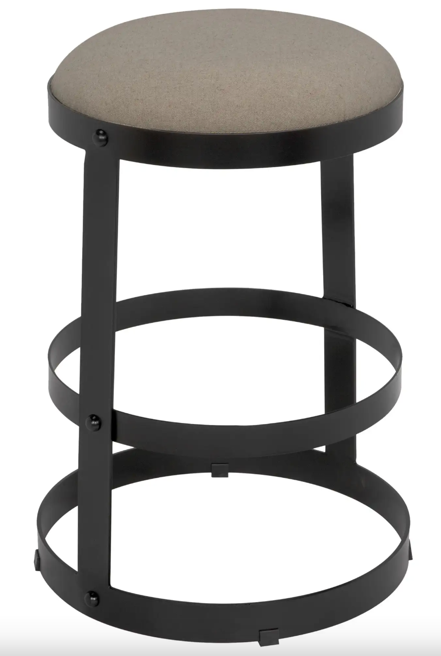 Counter stool w/ matte black metal base and linen seat