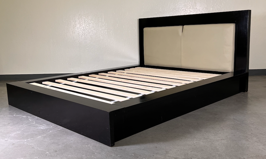 Shiny black platform Queen bed w/ leather inset headboard