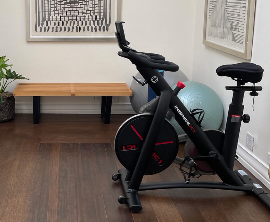 Stationary bike, gym mats, yoga mats, yoga blocks, balance balls, weights