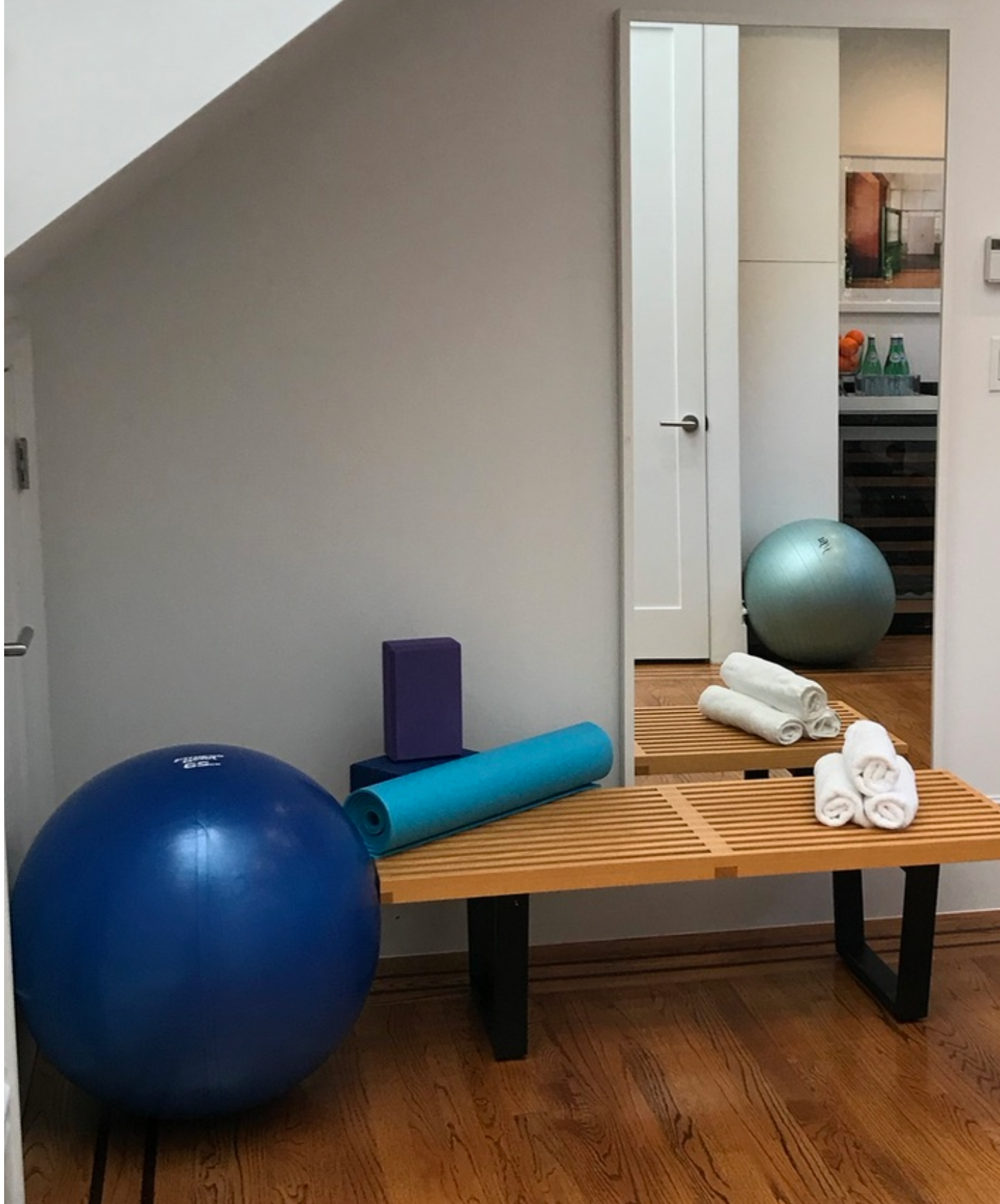 Stationary bike, gym mats, yoga mats, yoga blocks, balance balls, weights