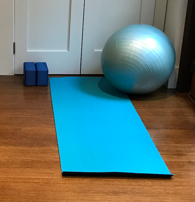 Stationary bike, gym mats, yoga mats, yoga blocks, balance balls, weights