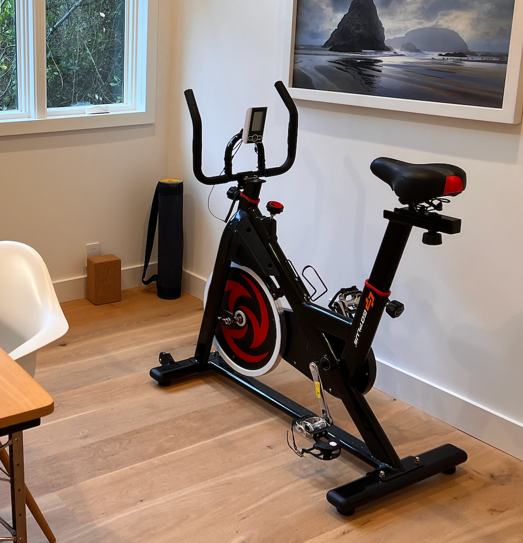 Stationary bike, gym mats, yoga mats, yoga blocks, balance balls, weights