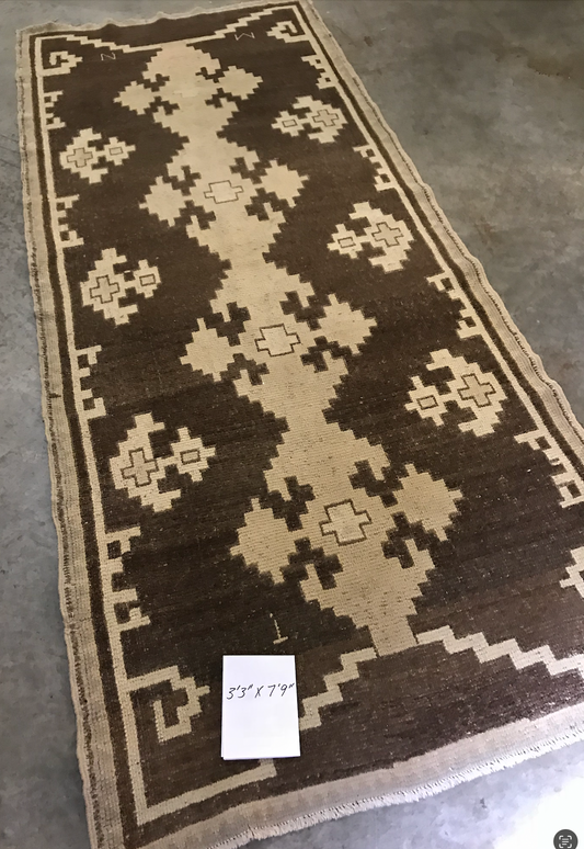 3'3"x7'9" Vintage Mid-century runner, brown and tan