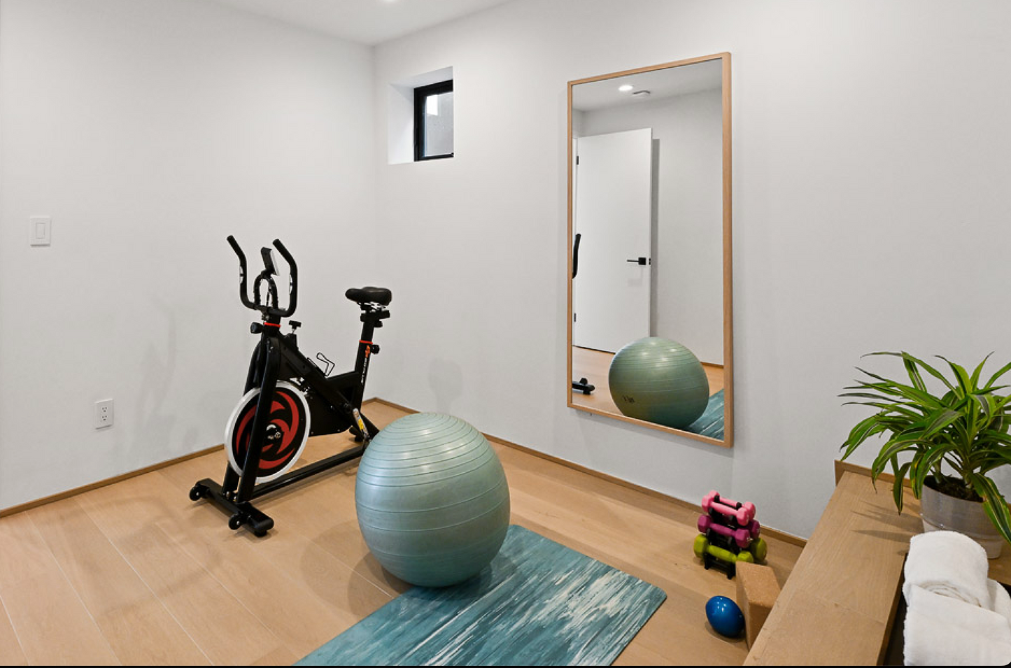 Stationary bike, gym mats, yoga mats, yoga blocks, balance balls, weights
