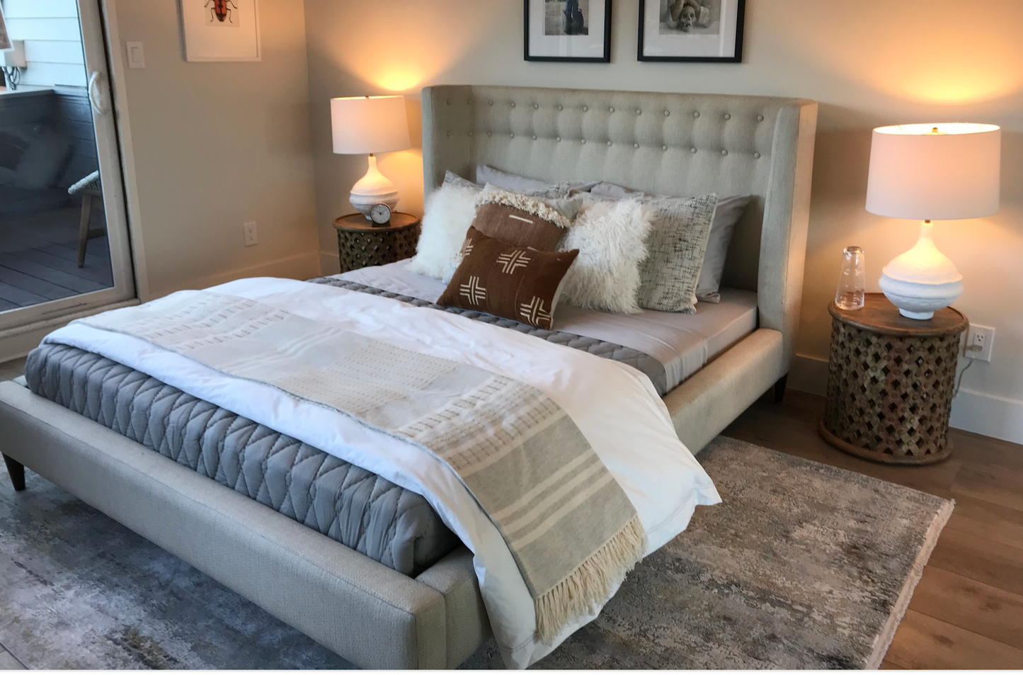 Queen cream upholstered curved shelter bed