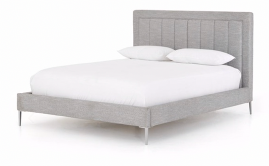 Mae Queen bed, light gray upholstered, vertical channeling
