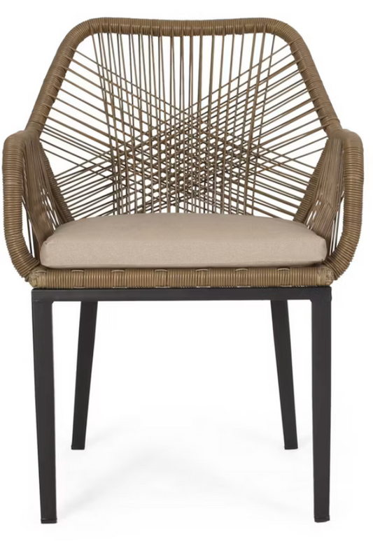 Brown and beige outdoor dining chair w/ tan cushion, iron frame