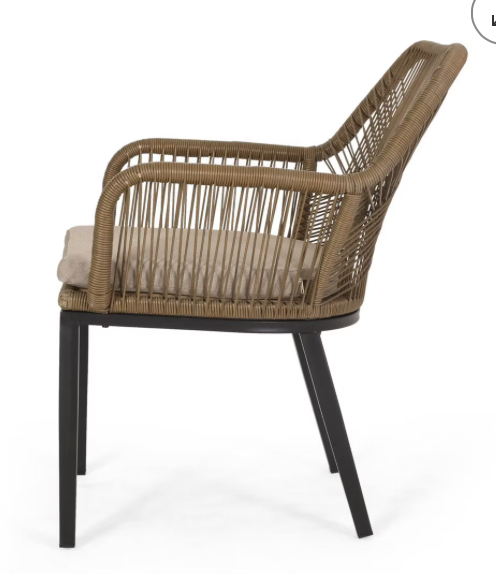 Brown and beige outdoor dining chair w/ tan cushion, iron frame