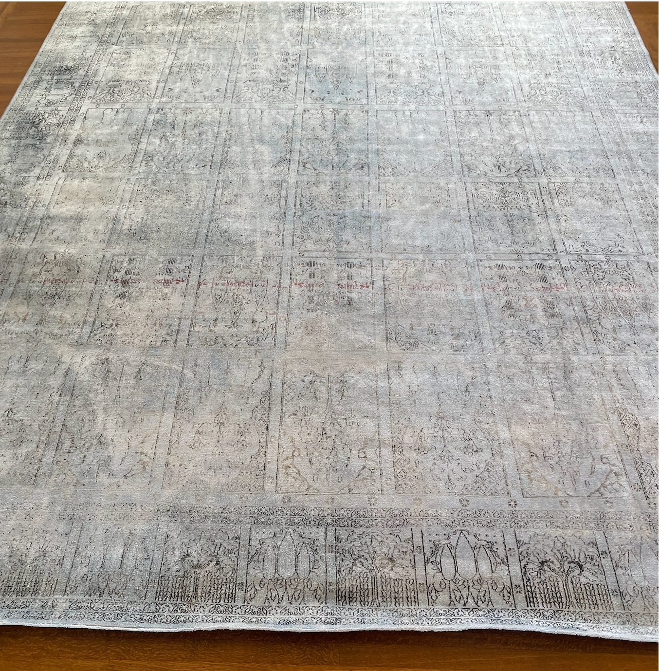 9'4" x 12'1" silk over dyed pale blue vintage rug