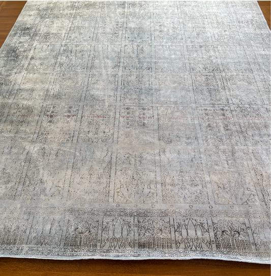 9'4" x 12'1" silk over dyed pale blue vintage rug