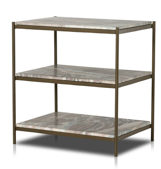 Felix night stands, antique brass and 3 variegated marble shelves