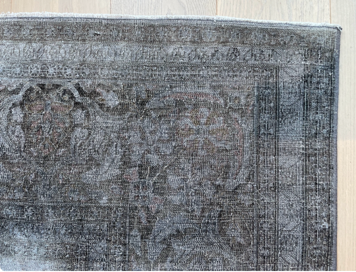 7'9" x 11'10" silk over dyed vintage rug, silvery pewter