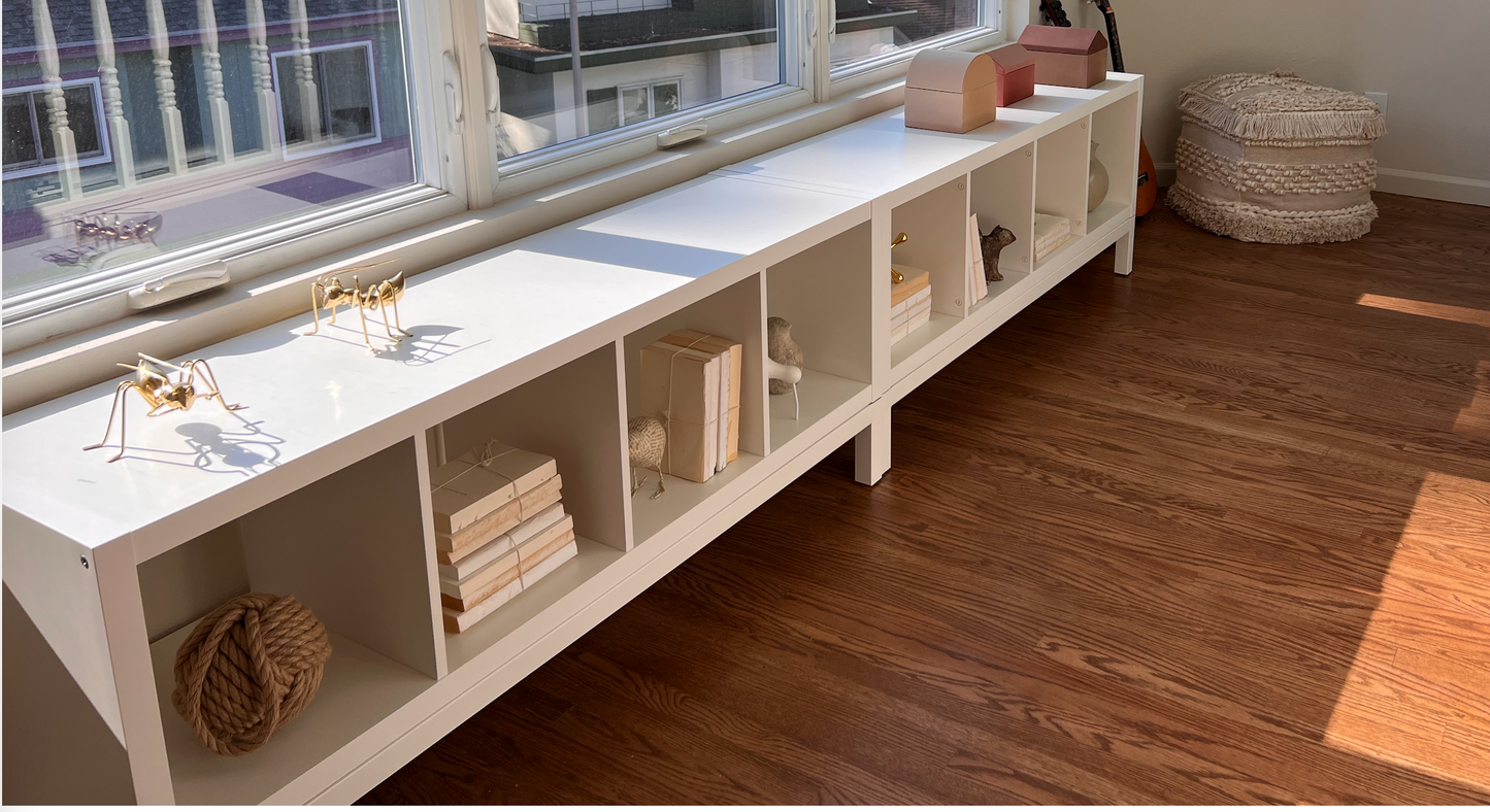 58w x 15 3/8d x 23.25h; white cubby bench with under frame