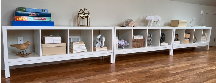 58w x 15 3/8d x 23.25h; white cubby bench with under frame
