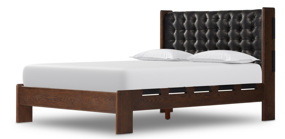 Halston, black leather, Queen, 64"w x 90"d