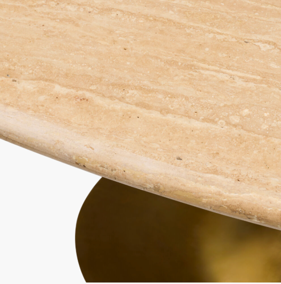 Travertine top, brass base, ANAT-006 Dining Table, 30"H x 71"W x 36"D