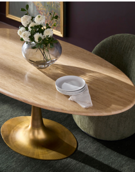 Travertine top, brass base, ANAT-006 Dining Table, 30"H x 71"W x 36"D