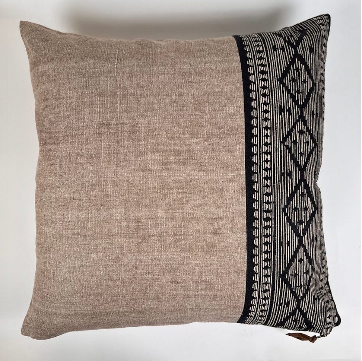 Taupe Linen Pillow with Black Diamond Weave Border, 24" x 24"