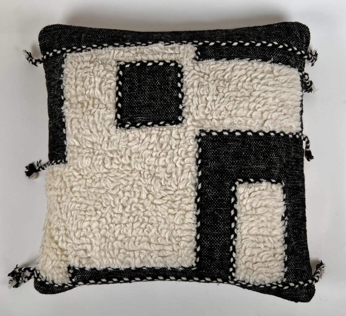 Black and Ivory Wool Shag Block Pillow, 24" x 24"