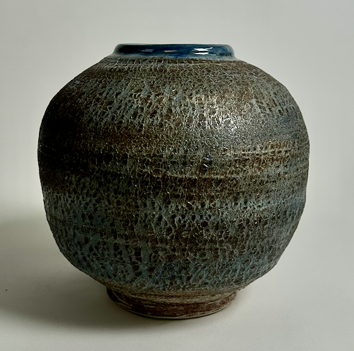 Raku glazed ceramic vase, blue, green & brown